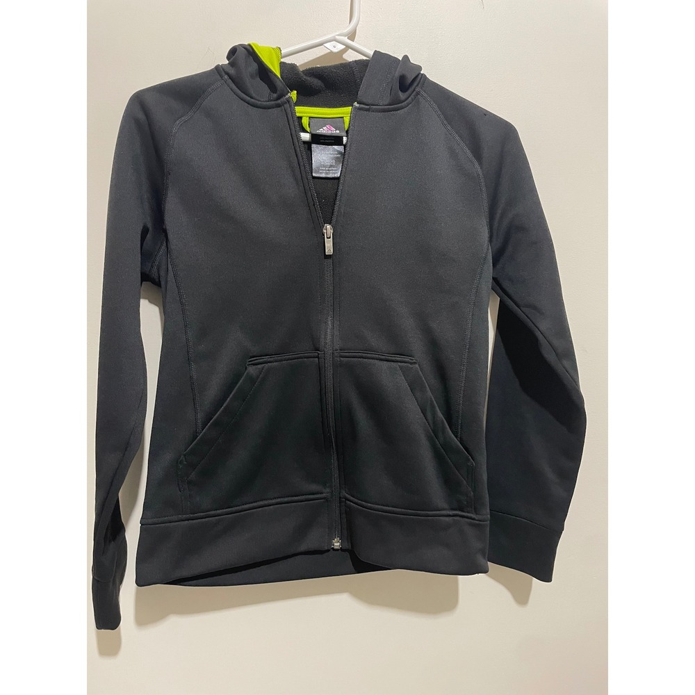 Adidas girls Black Full Zip Hoodie Neon Green Trim Fleece Lined Size M 10/12